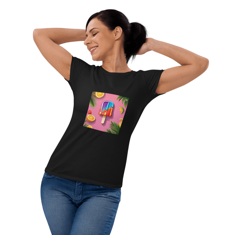 women's black t-shirt with a colorful lollipop made by AI